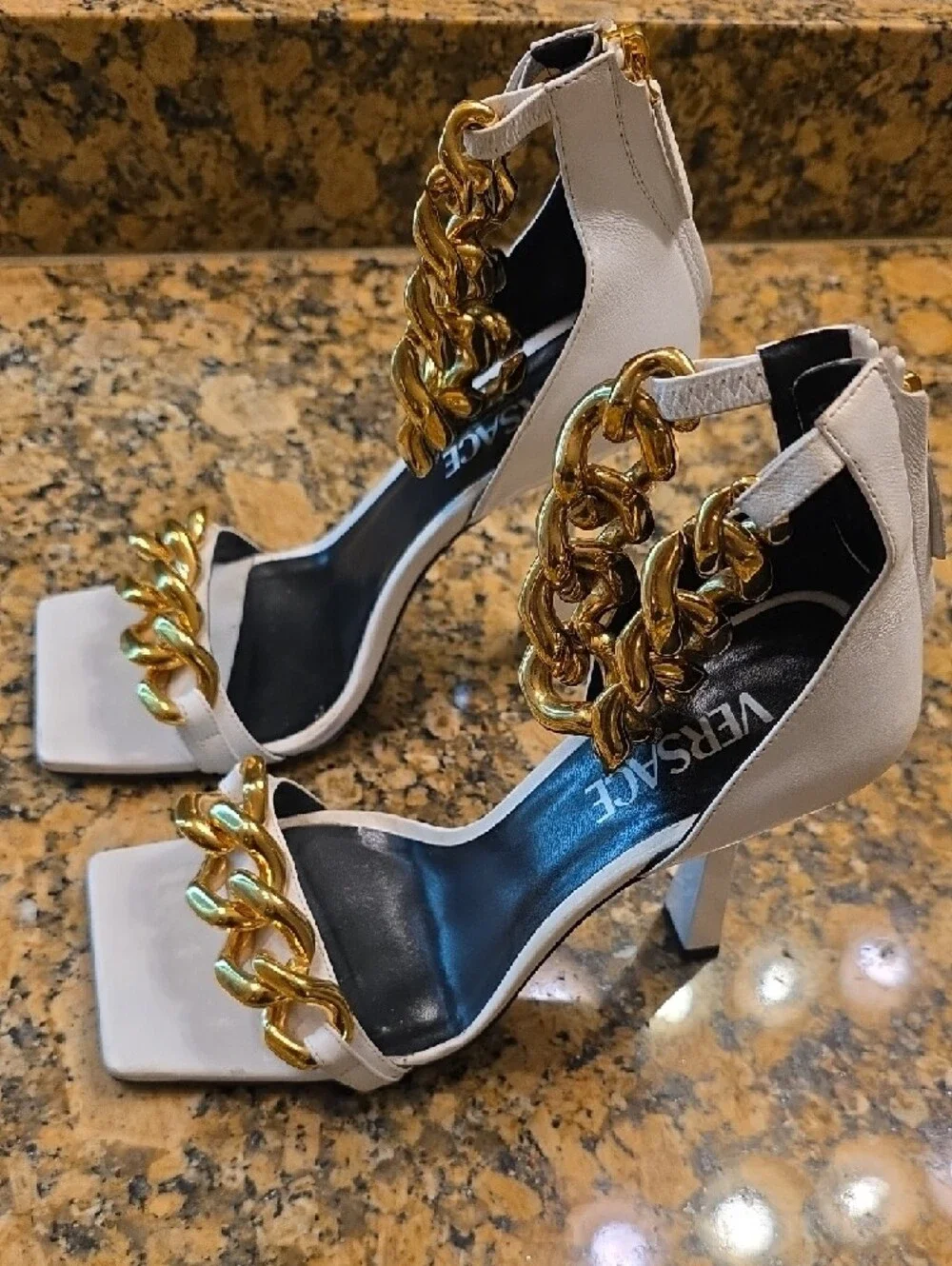 Versace White Heeled Sandals with Gold Chain Accents - Picture 7 of 12